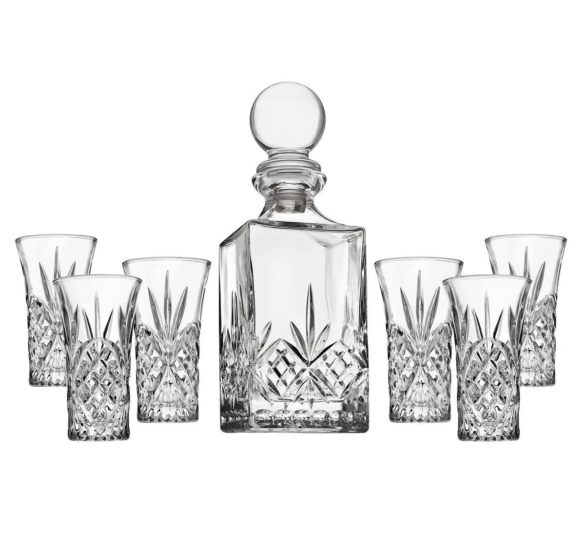 HOC Crystal 7 Piece Spirits Decanter 10oz & Shot Glass 2oz Set