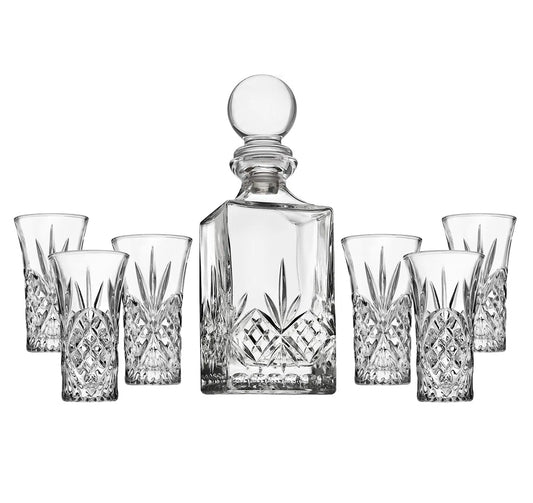 HOC Crystal 7 Piece Spirits Decanter 10oz & Shot Glass 2oz Set